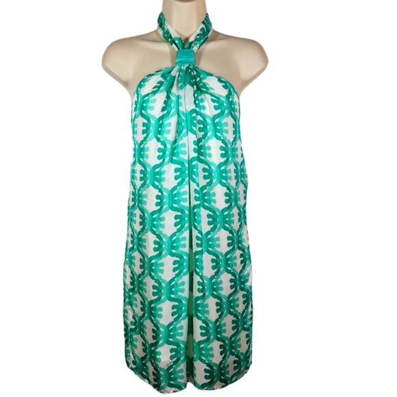 Vintage 90s Milly Dress Halter Silk Short Mini MCM Green White Abstract Beachy 4 - Picture 1 of 13